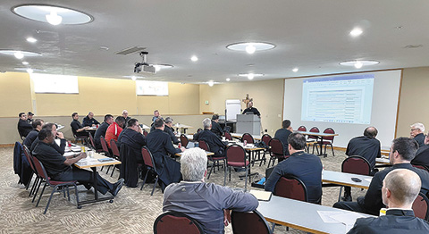 Priests from the Diocese of Madison meet to discuss Into the Deep at Holy Name Heights in Madison. (Contributed photo)